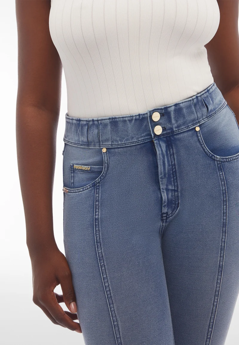 N.O.W. Comfort High Waist Skinny 7/8 Denim Jeans With Front Seam and Split Detail - Denim Light Blue - Blue Seam