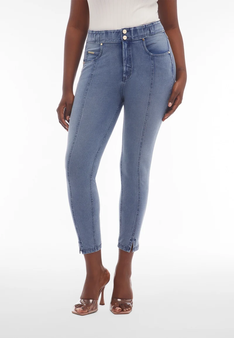 N.O.W. Comfort High Waist Skinny 7/8 Denim Jeans With Front Seam and Split Detail - Denim Light Blue - Blue Seam