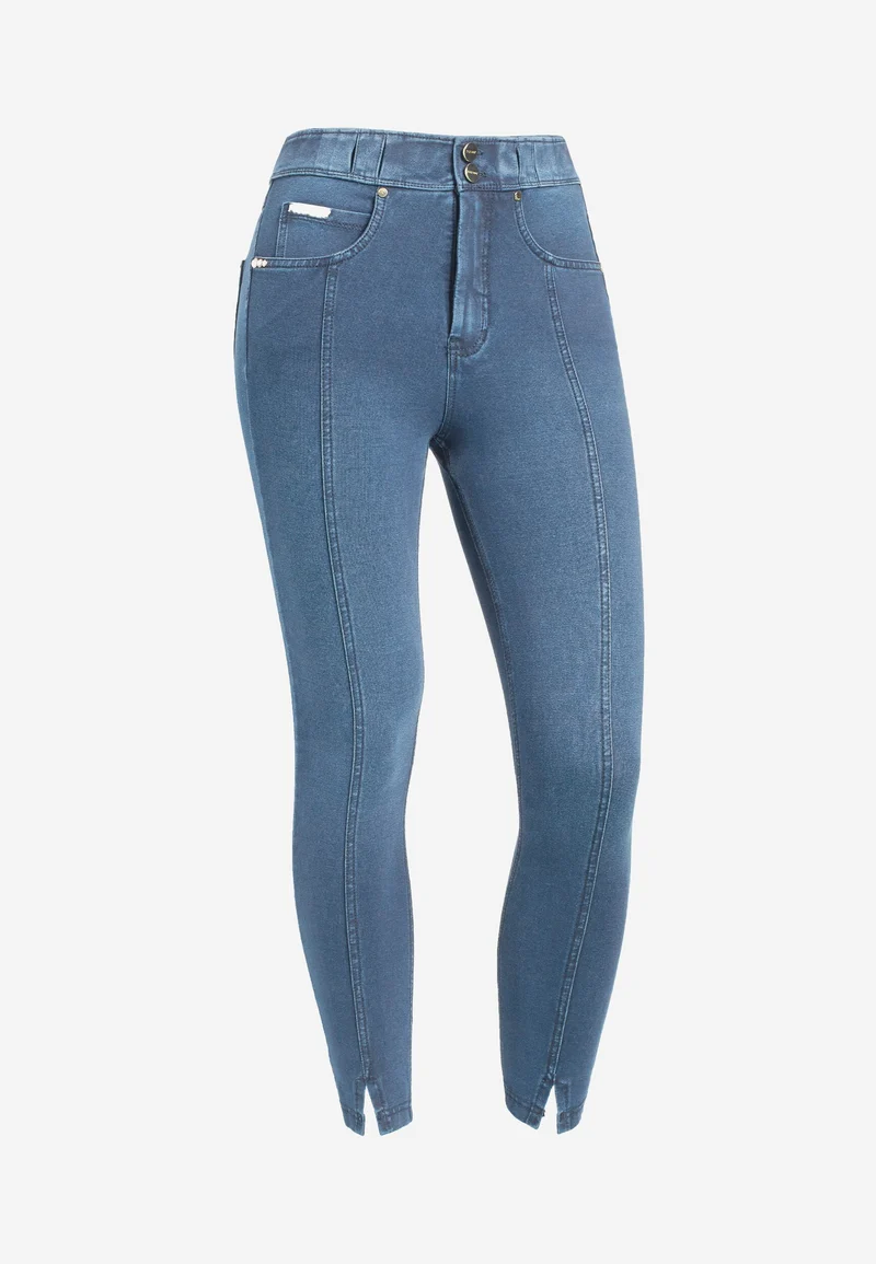 N.O.W. Comfort High Waist Skinny 7/8 Denim Jeans With Front Seam and Split Detail - Denim Light Blue - Blue Seam