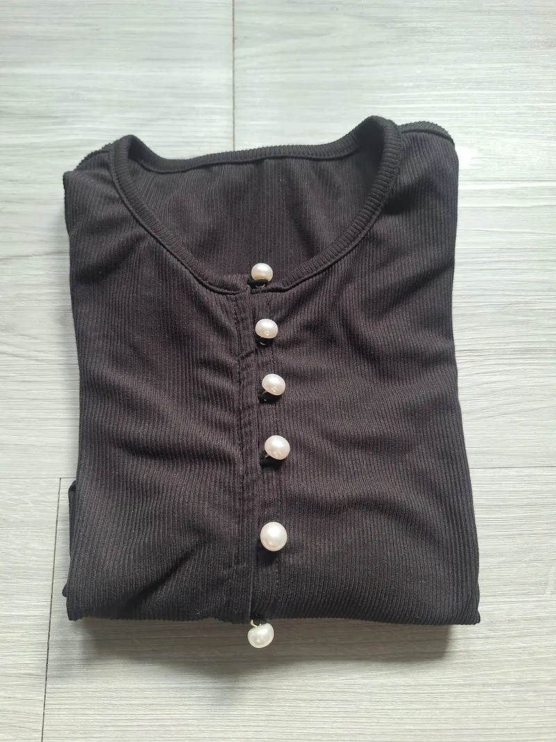 Shein Rippshirt Perlenknöpfen 38
