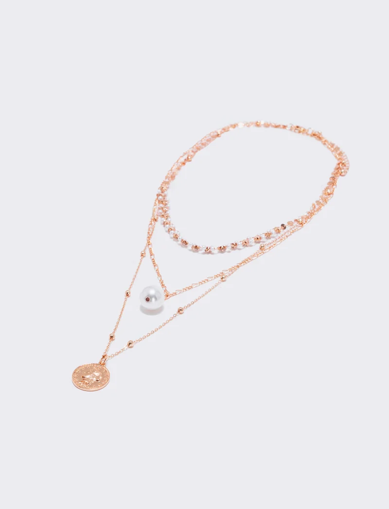 Collana tre fili con perla e monetina - Oro rosa