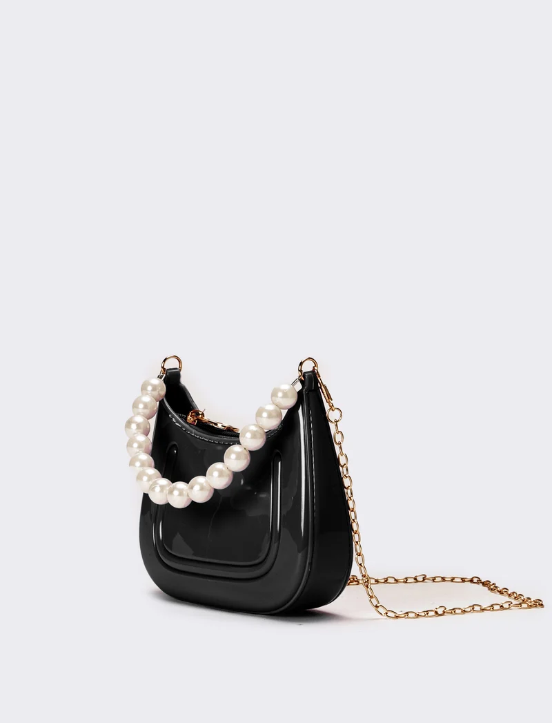 Borsa bambina con manico perle - Nero