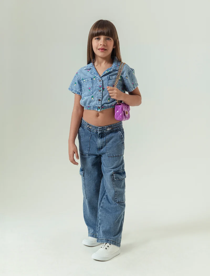 Camicia mezza manica in chambray da bambina - Denim chiaro