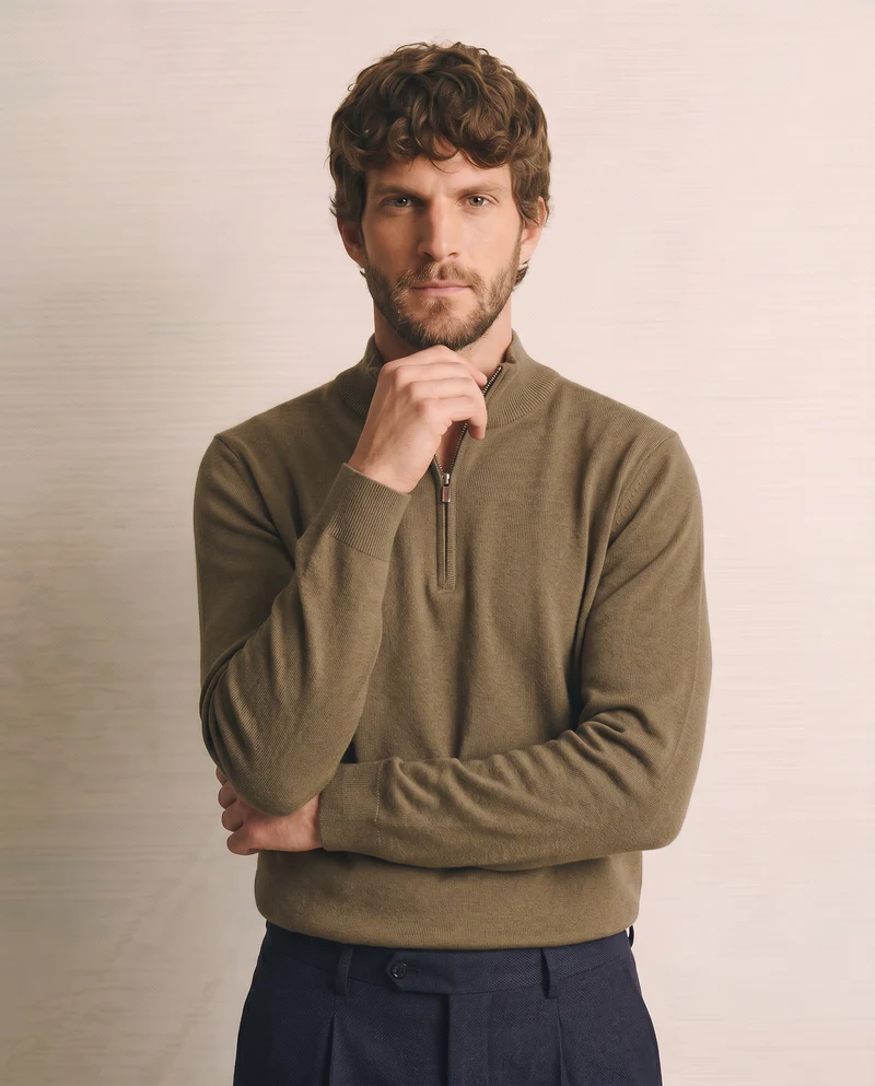 Maglia basic collo alto con zip - Verde kaki