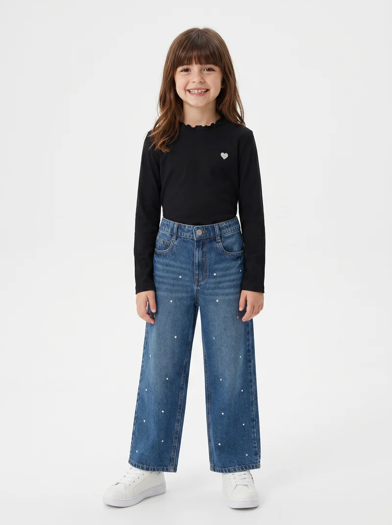 T-shirt manica lunga in cotone rib con fiocco - Nero
