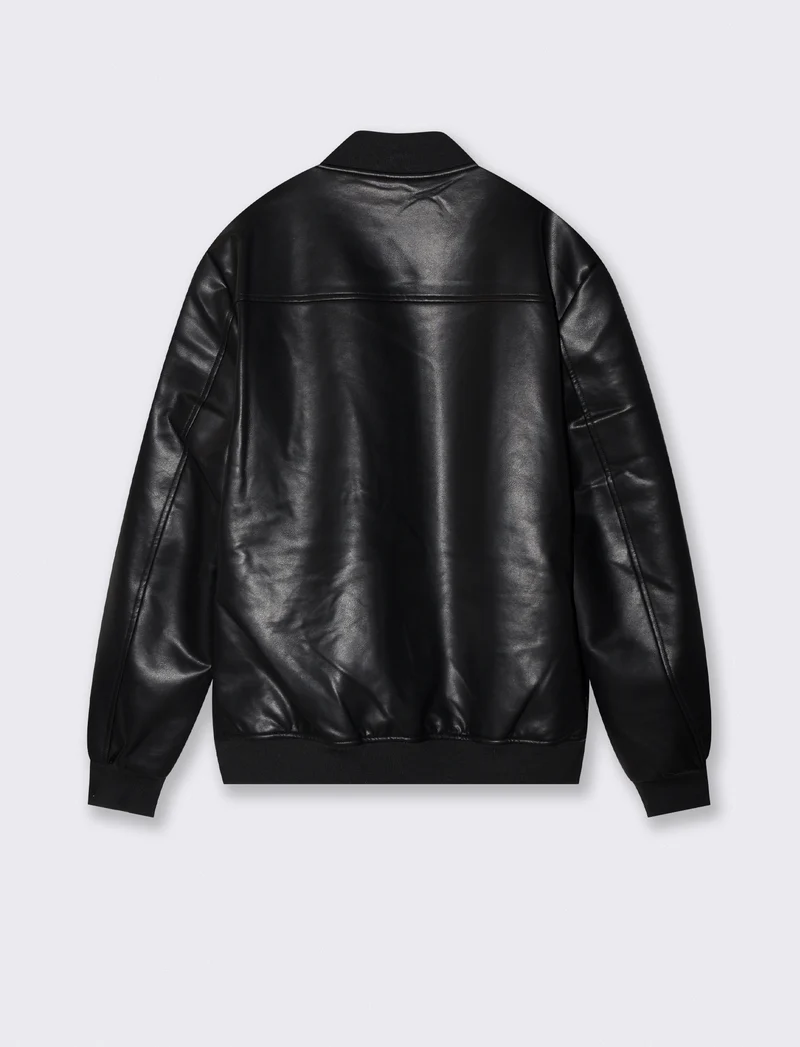 Giubbotto bomber effetto pelle con collo - Nero