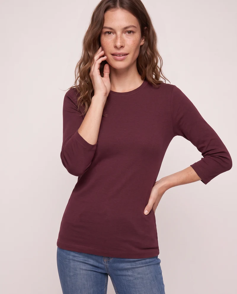 T-shirt basica a costine girocollo 3/4 - Viola prugna