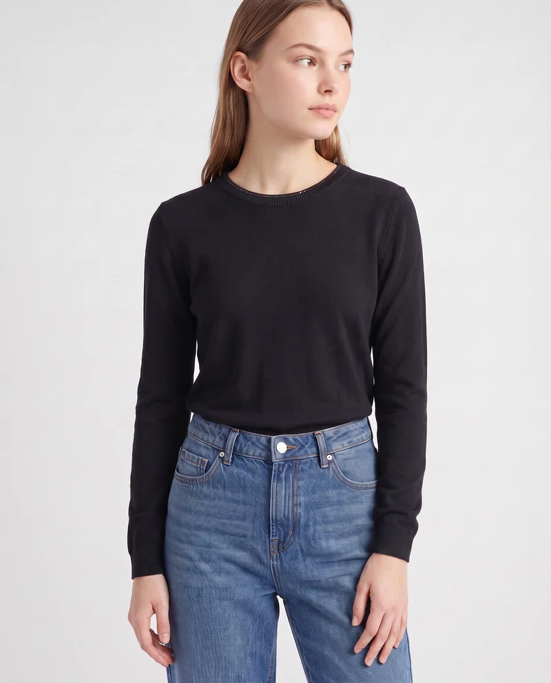 Pullover girocollo con bordino lurex - Nero