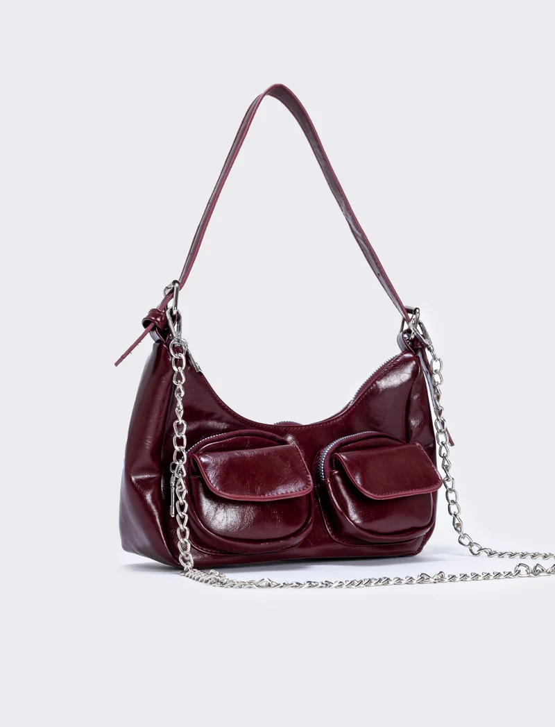 Borsa a spalla con tasche avanti - Bordeaux