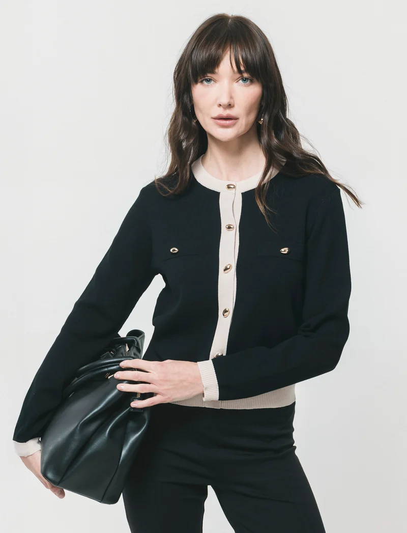 Cardigan con bottoni e bordi a contrasto - Nero