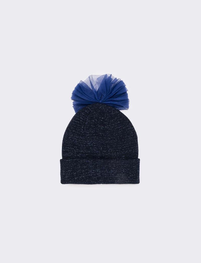 Cappello con fiocco in tulle e lettera paillettes - BLUE/BLUE