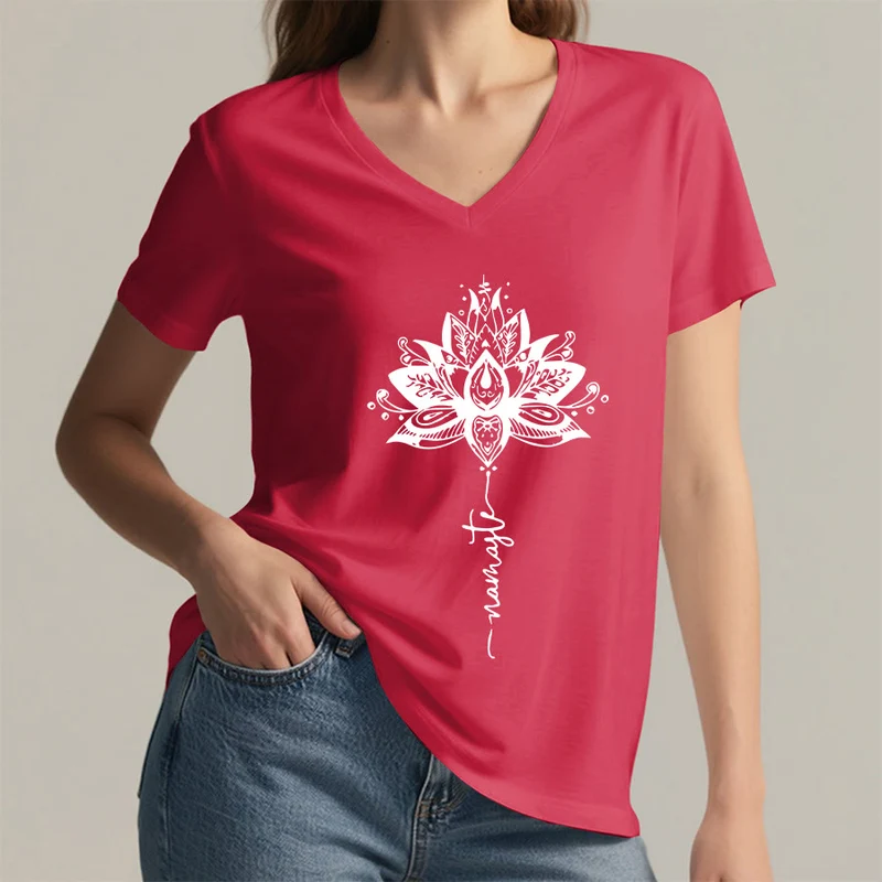 Olivenorma T-Shirt mit aufwendigem Lotus-Mandala-Muster und Namaste-Motiv, V-Ausschnitt