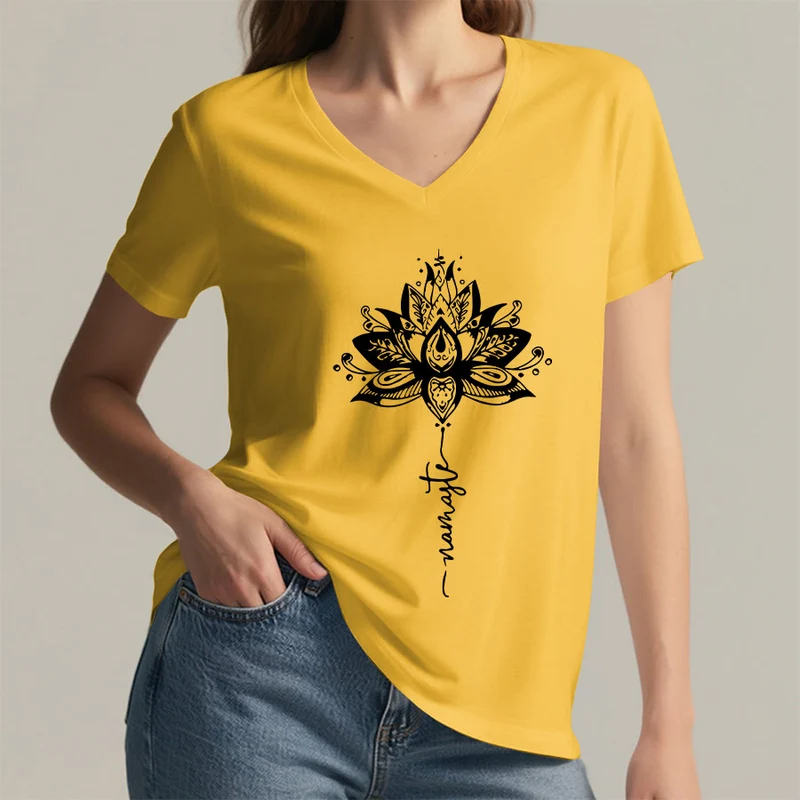Olivenorma T-Shirt mit aufwendigem Lotus-Mandala-Muster und Namaste-Motiv, V-Ausschnitt