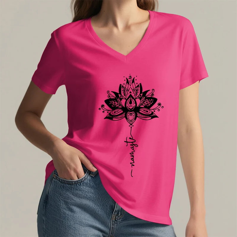 Olivenorma T-Shirt mit aufwendigem Lotus-Mandala-Muster und Namaste-Motiv, V-Ausschnitt