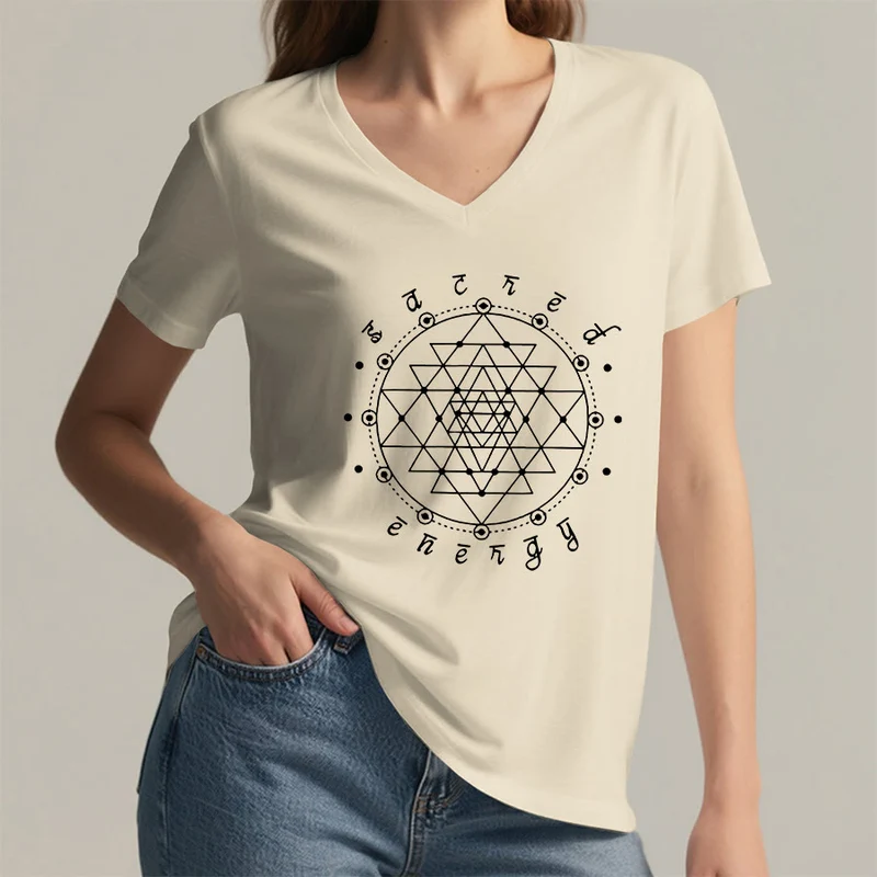 Olivenorma T-Shirt mit V-Ausschnitt und Grafikmotiv „Heilige Geometrie – Heilige Energie“