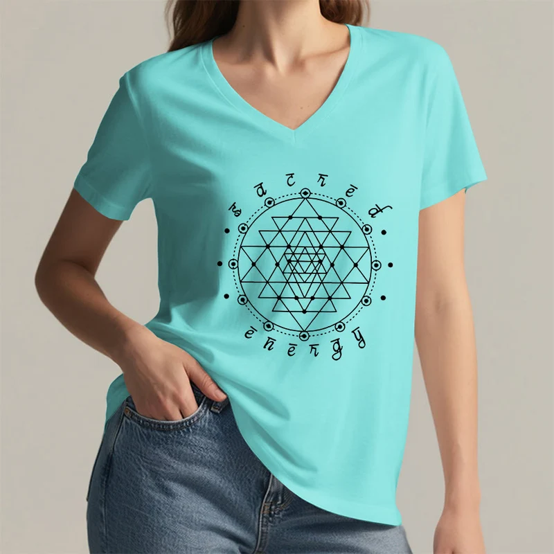 Olivenorma T-Shirt mit V-Ausschnitt und Grafikmotiv „Heilige Geometrie – Heilige Energie“