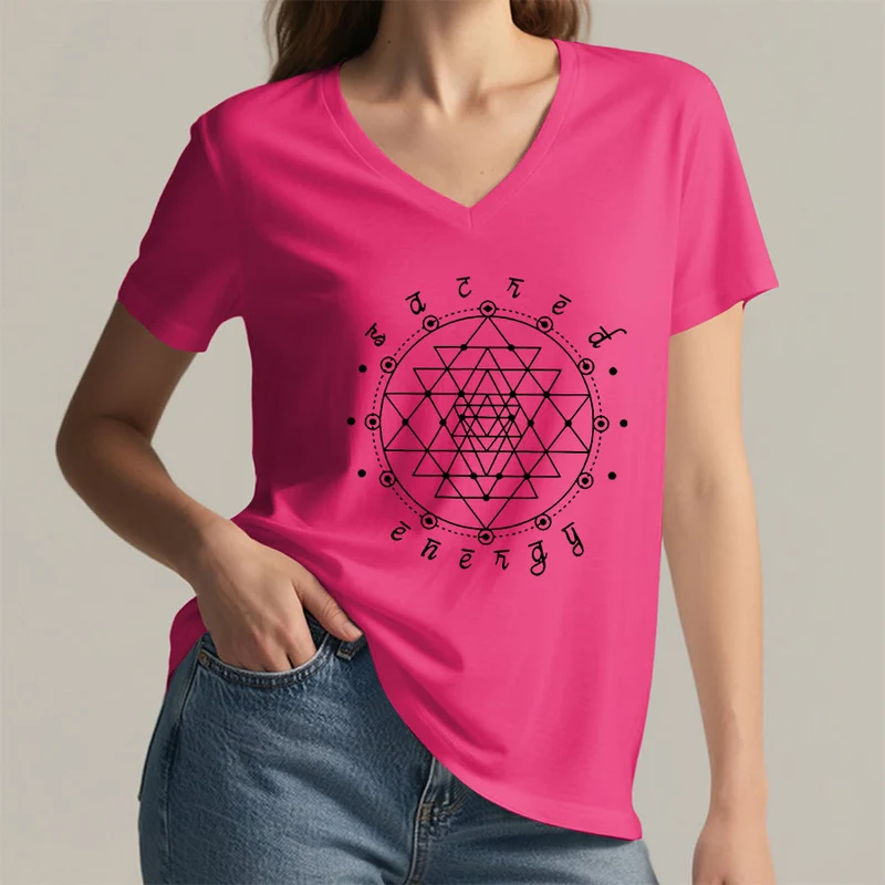 Olivenorma T-Shirt mit V-Ausschnitt und Grafikmotiv „Heilige Geometrie – Heilige Energie“