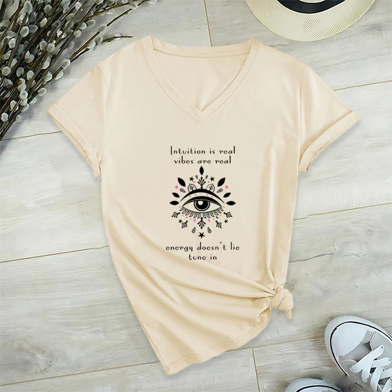 Olivenorma Lässiges T-Shirt mit mystischem Augen-Intuitionszitat und V-Ausschnitt
