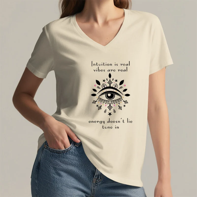 Olivenorma Lässiges T-Shirt mit mystischem Augen-Intuitionszitat und V-Ausschnitt
