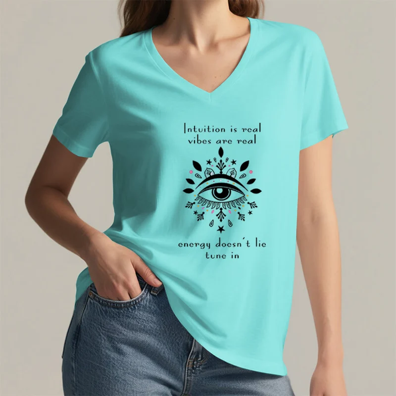Olivenorma Lässiges T-Shirt mit mystischem Augen-Intuitionszitat und V-Ausschnitt