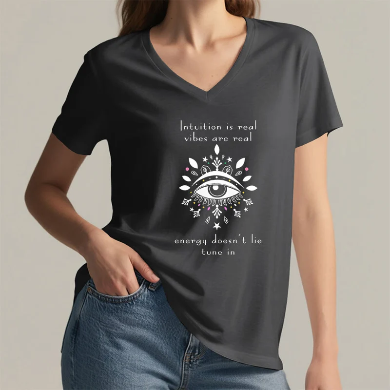 Olivenorma Lässiges T-Shirt mit mystischem Augen-Intuitionszitat und V-Ausschnitt