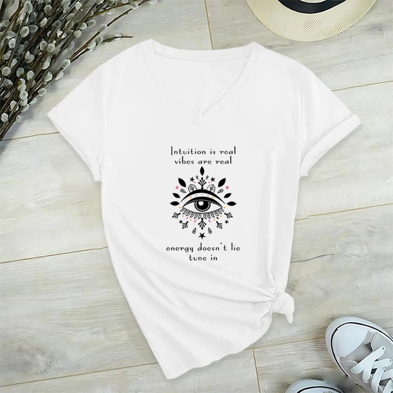 Olivenorma Lässiges T-Shirt mit mystischem Augen-Intuitionszitat und V-Ausschnitt
