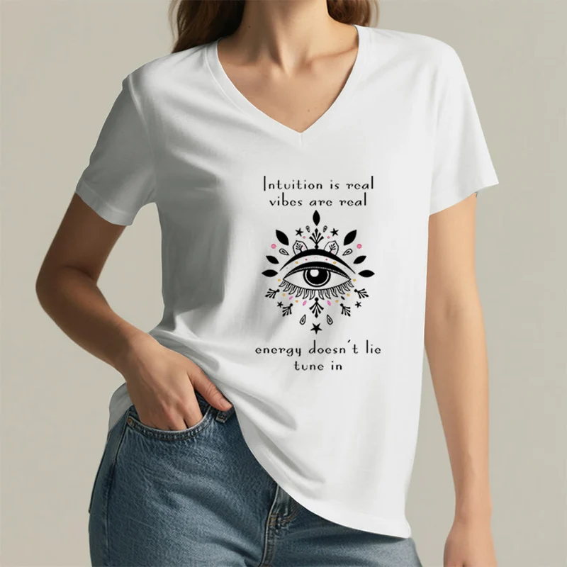 Olivenorma Lässiges T-Shirt mit mystischem Augen-Intuitionszitat und V-Ausschnitt