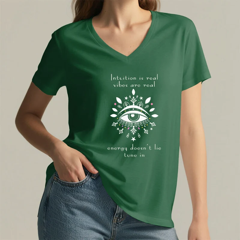 Olivenorma Lässiges T-Shirt mit mystischem Augen-Intuitionszitat und V-Ausschnitt