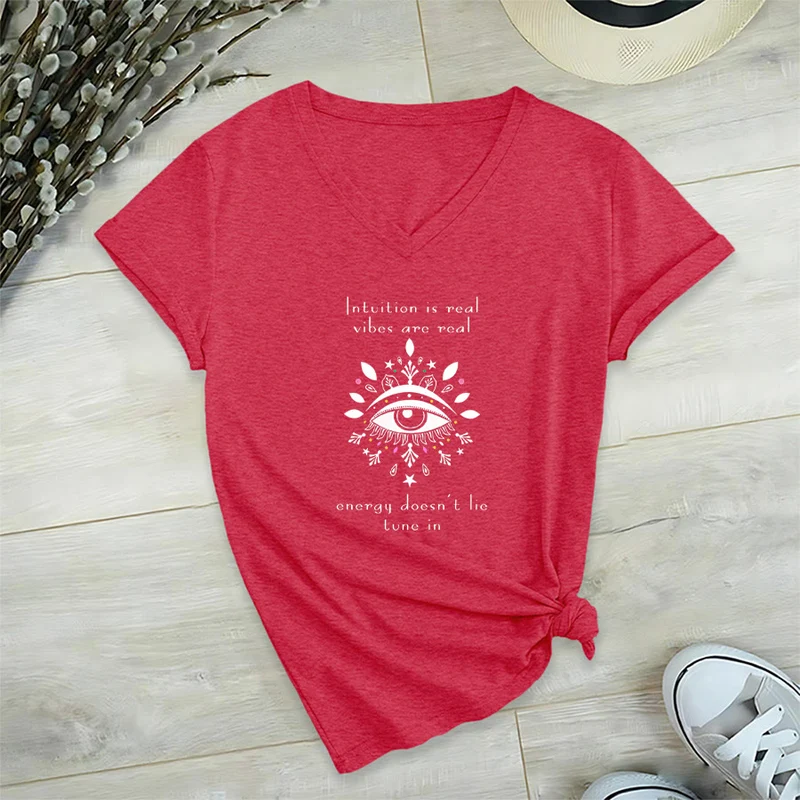 Olivenorma Lässiges T-Shirt mit mystischem Augen-Intuitionszitat und V-Ausschnitt