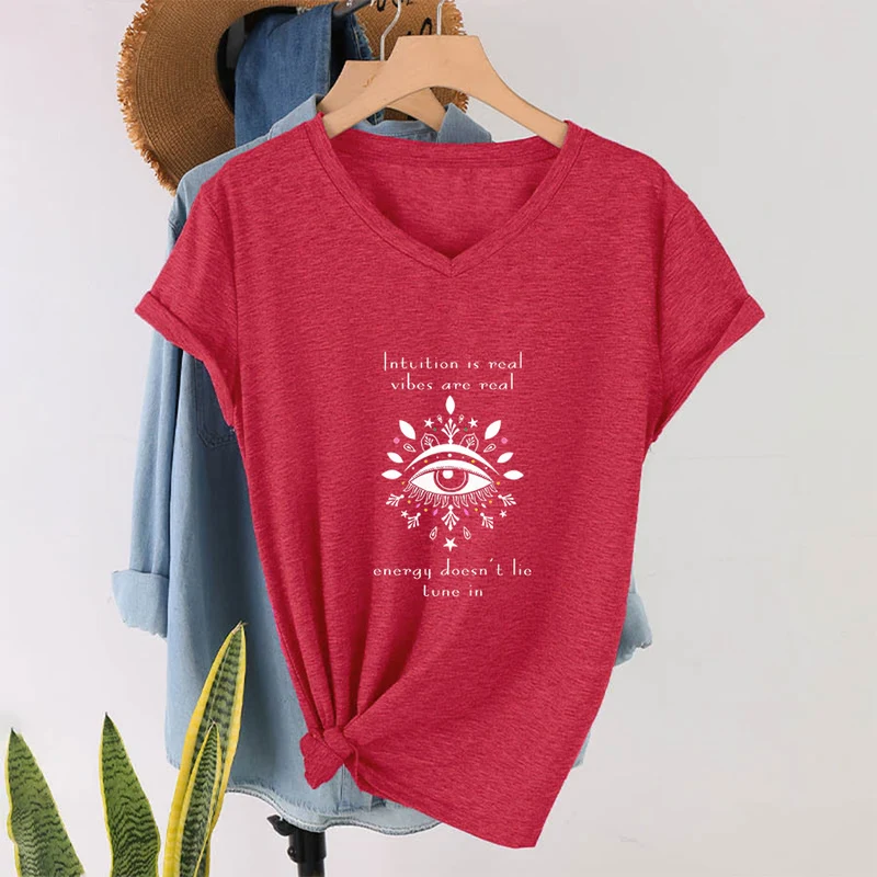 Olivenorma Lässiges T-Shirt mit mystischem Augen-Intuitionszitat und V-Ausschnitt