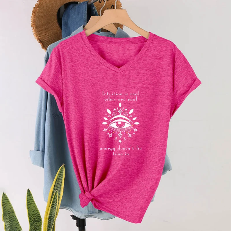 Olivenorma Lässiges T-Shirt mit mystischem Augen-Intuitionszitat und V-Ausschnitt