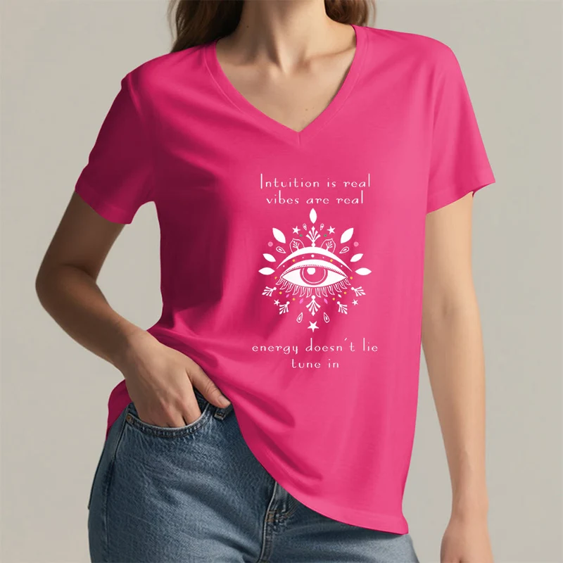 Olivenorma Lässiges T-Shirt mit mystischem Augen-Intuitionszitat und V-Ausschnitt