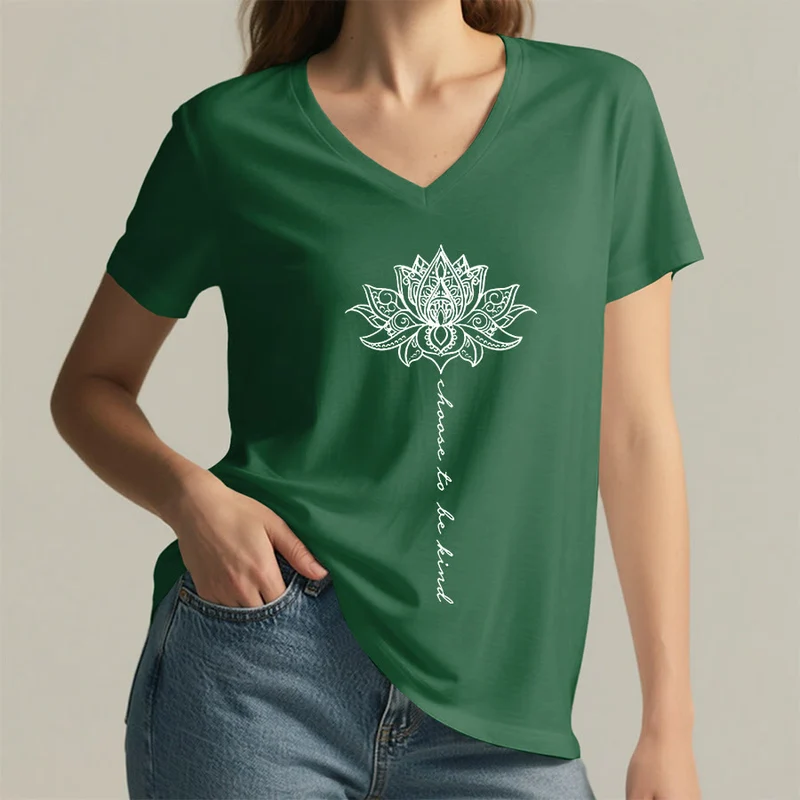 Olivenorma „Sei freundlich“-T-Shirt mit Lotus-Mandala-Print und V-Ausschnitt