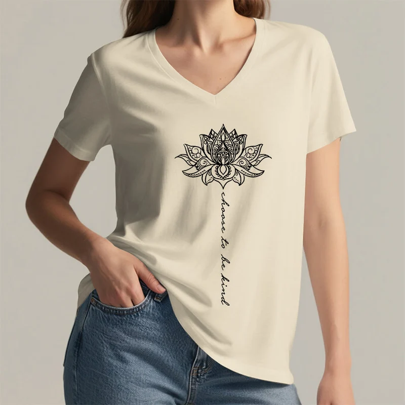 Olivenorma „Sei freundlich“-T-Shirt mit Lotus-Mandala-Print und V-Ausschnitt