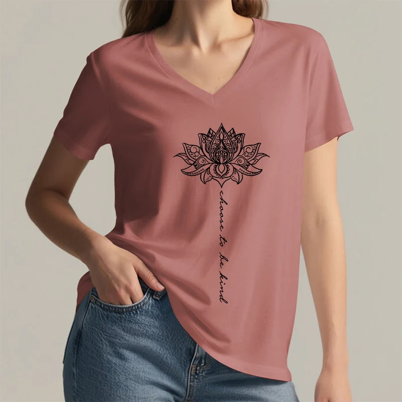 Olivenorma „Sei freundlich“-T-Shirt mit Lotus-Mandala-Print und V-Ausschnitt