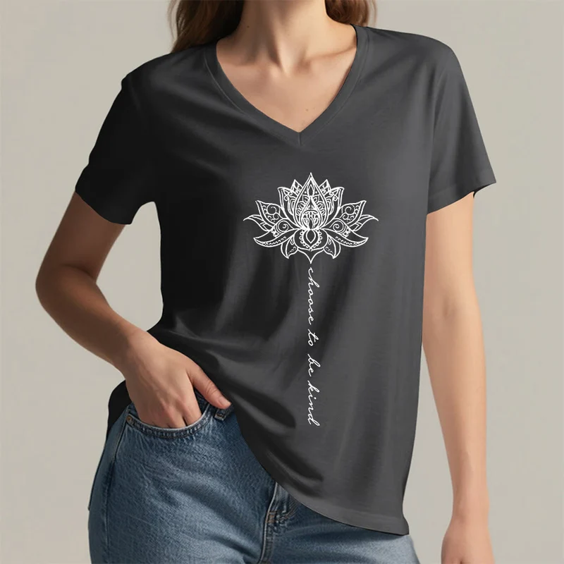 Olivenorma „Sei freundlich“-T-Shirt mit Lotus-Mandala-Print und V-Ausschnitt