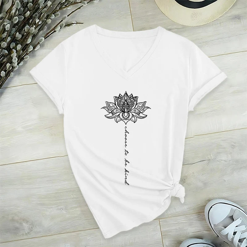 Olivenorma „Sei freundlich“-T-Shirt mit Lotus-Mandala-Print und V-Ausschnitt