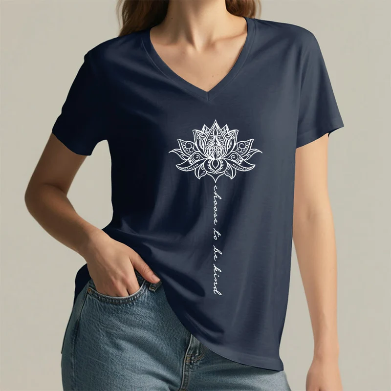 Olivenorma „Sei freundlich“-T-Shirt mit Lotus-Mandala-Print und V-Ausschnitt