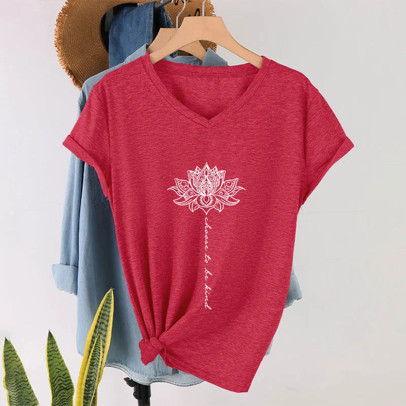 Olivenorma „Sei freundlich“-T-Shirt mit Lotus-Mandala-Print und V-Ausschnitt