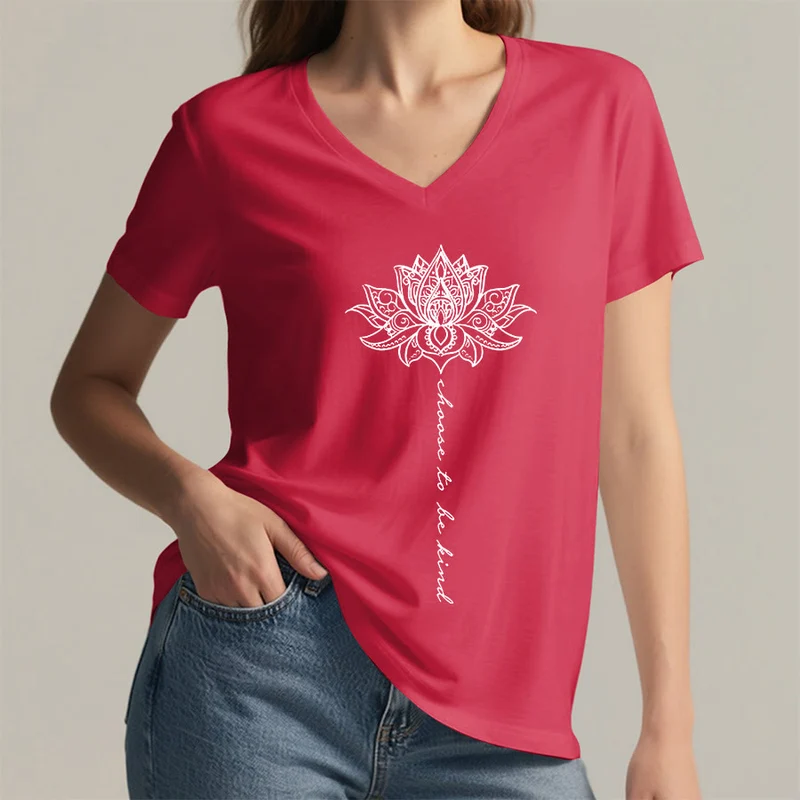 Olivenorma „Sei freundlich“-T-Shirt mit Lotus-Mandala-Print und V-Ausschnitt