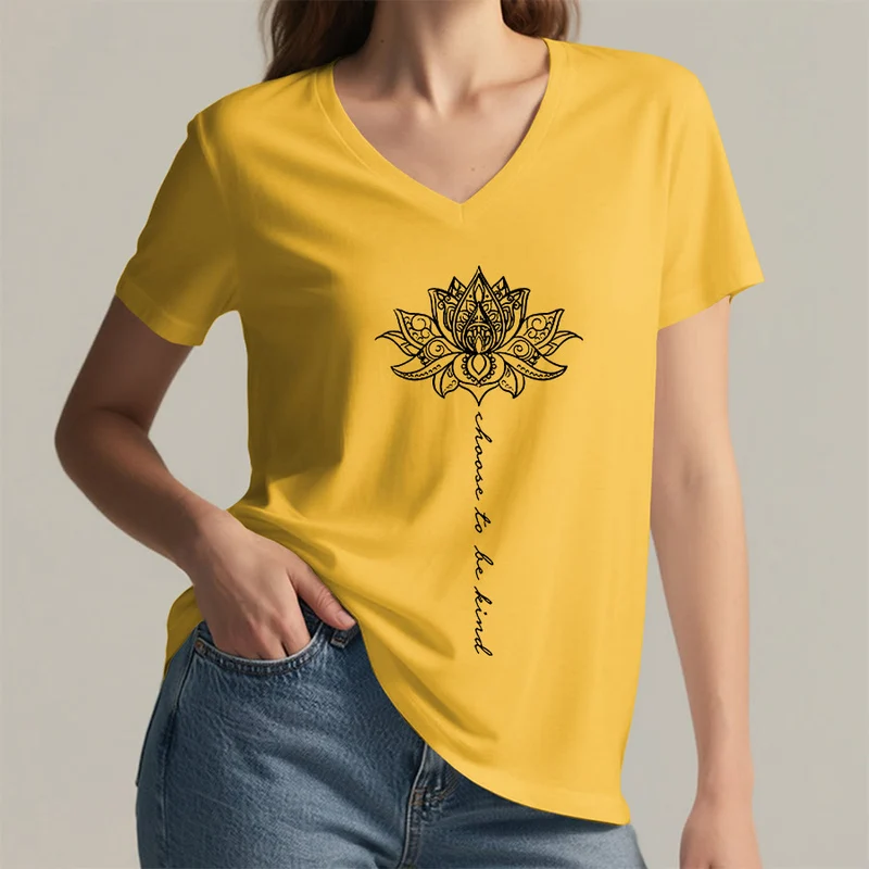 Olivenorma „Sei freundlich“-T-Shirt mit Lotus-Mandala-Print und V-Ausschnitt