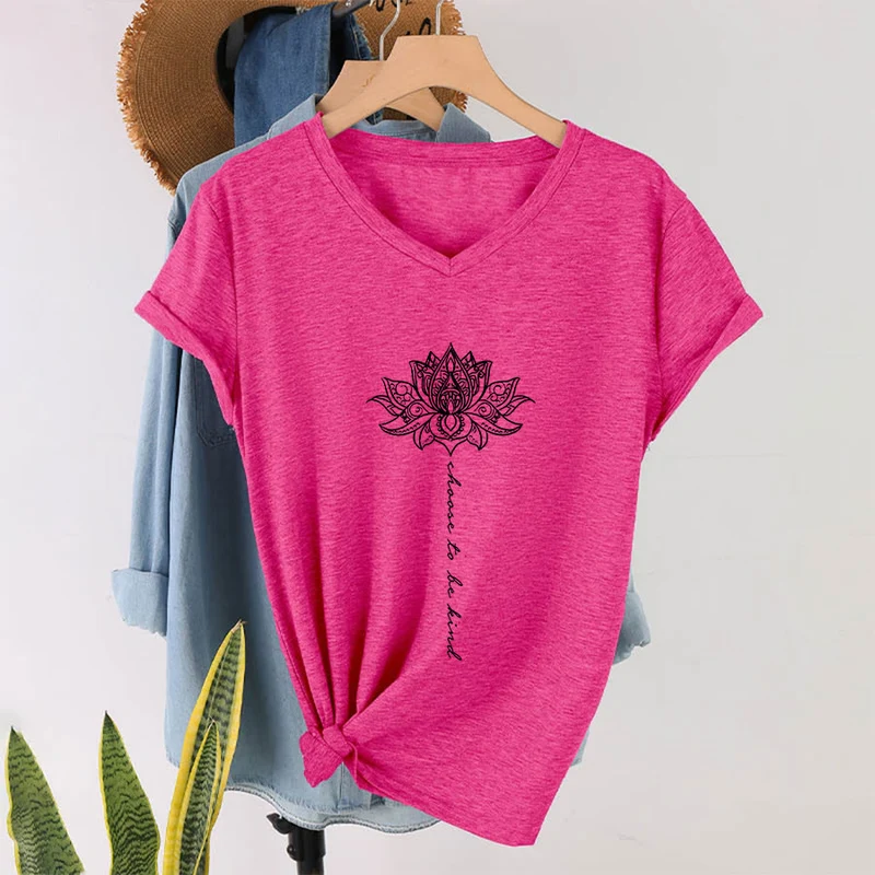 Olivenorma „Sei freundlich“-T-Shirt mit Lotus-Mandala-Print und V-Ausschnitt