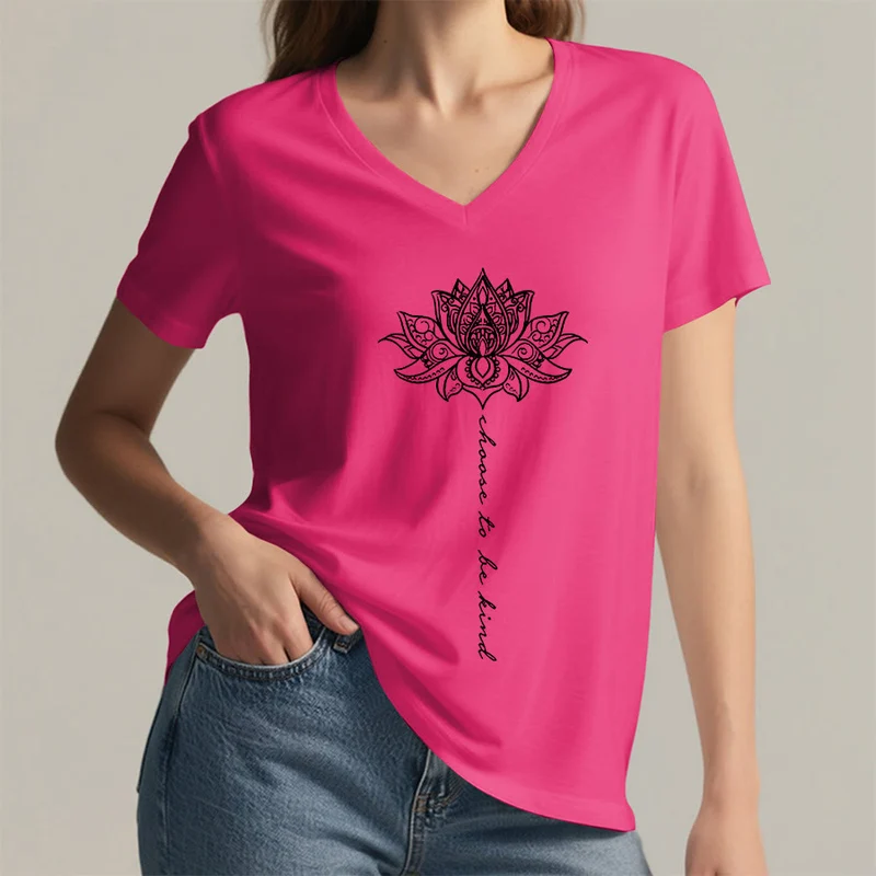 Olivenorma „Sei freundlich“-T-Shirt mit Lotus-Mandala-Print und V-Ausschnitt
