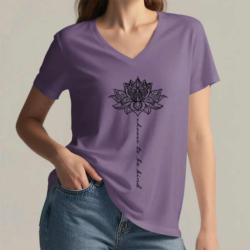 Olivenorma „Sei freundlich“-T-Shirt mit Lotus-Mandala-Print und V-Ausschnitt