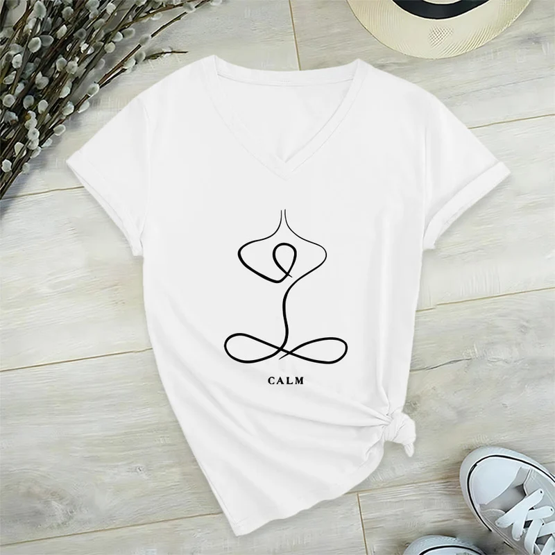 Olivenorma Minimalistisches Yoga-Pose-T-Shirt mit Grafik und V-Ausschnitt (Ruhe & Atem)