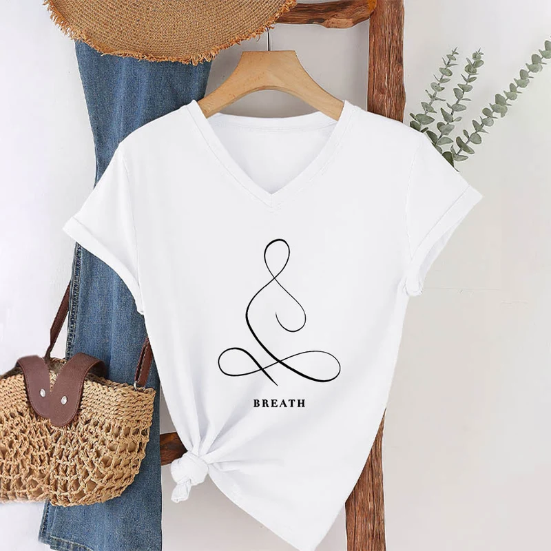 Olivenorma Minimalistisches Yoga-Pose-T-Shirt mit Grafik und V-Ausschnitt (Ruhe & Atem)