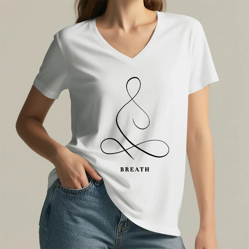Olivenorma Minimalistisches Yoga-Pose-T-Shirt mit Grafik und V-Ausschnitt (Ruhe & Atem)