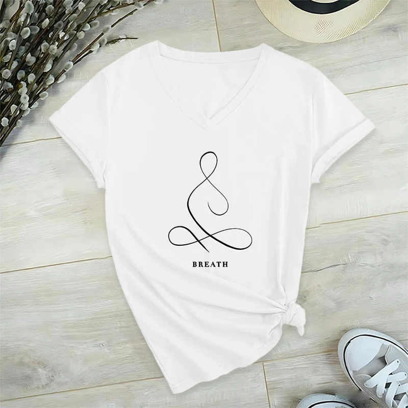 Olivenorma Minimalistisches Yoga-Pose-T-Shirt mit Grafik und V-Ausschnitt (Ruhe & Atem)