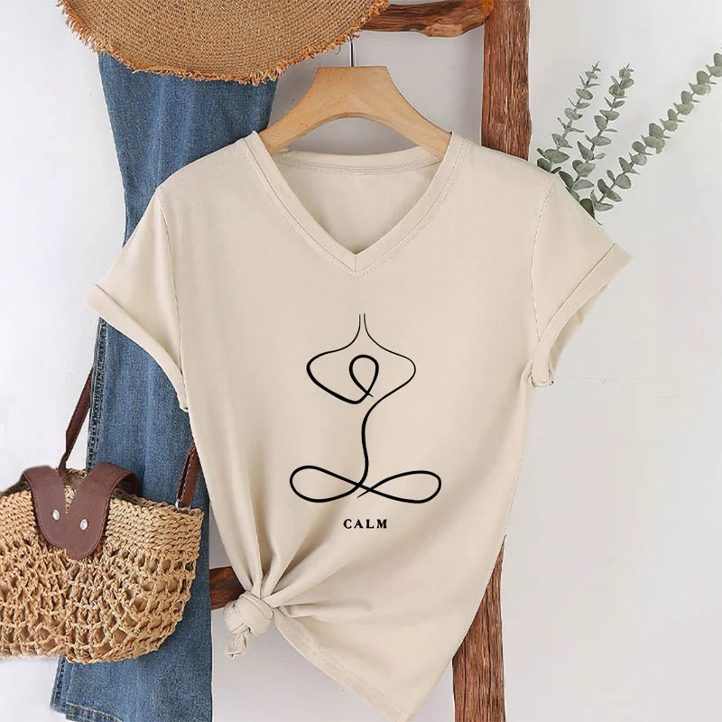 Olivenorma Minimalistisches Yoga-Pose-T-Shirt mit Grafik und V-Ausschnitt (Ruhe & Atem)
