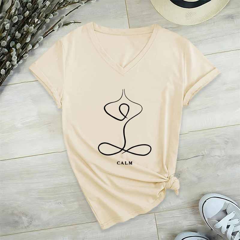 Olivenorma Minimalistisches Yoga-Pose-T-Shirt mit Grafik und V-Ausschnitt (Ruhe & Atem)